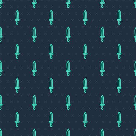 Green line Medieval sword icon isolated seamless pattern on blue background. Medieval weapon. Vectorのイラスト素材