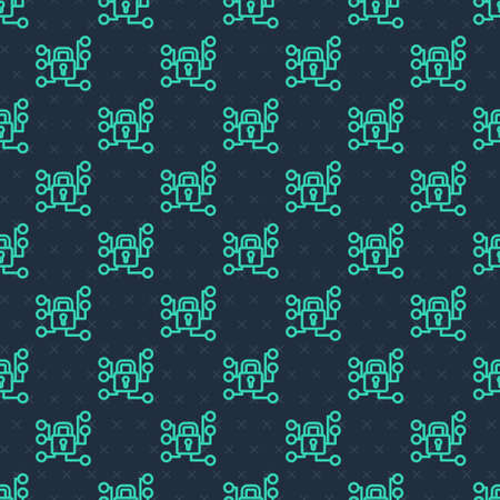 Green line Cyber security icon isolated seamless pattern on blue background. Closed padlock on digital circuit board. Safety concept. Digital data protection. Vectorのイラスト素材