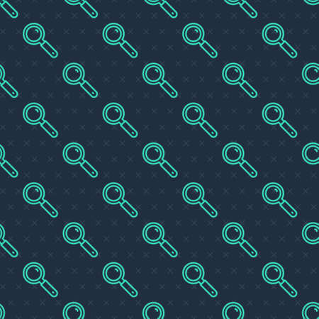 Green line Magnifying glass icon isolated seamless pattern on blue background. Search, focus, zoom,...