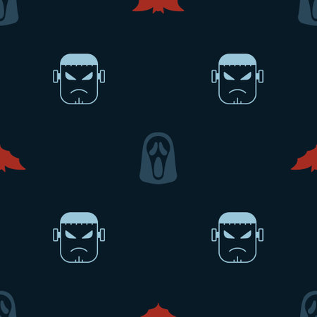 Set Flying bat, Funny and scary ghost mask and Frankenstein face on seamless pattern. Vectorのイラスト素材