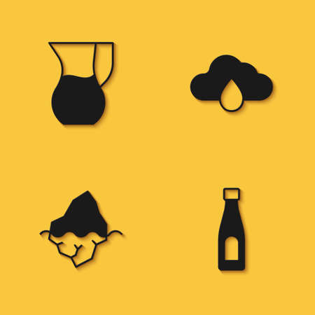 Set Jug glass with water, Bottle of, Iceberg and Cloud rain icon with long shadow. Vectorのイラスト素材