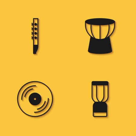 Set Flute, African djembe drum, Vinyl disk and darbuka icon with long shadow. Vectorのイラスト素材