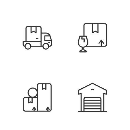 Set line Warehouse, Carton cardboard box, Delivery cargo truck and Package with fragile content icon. Vectorのイラスト素材