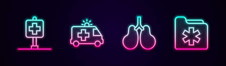Set line Location hospital, Ambulance car, Lungs and Medical health record folder. Glowing neon icon. Vectorのイラスト素材