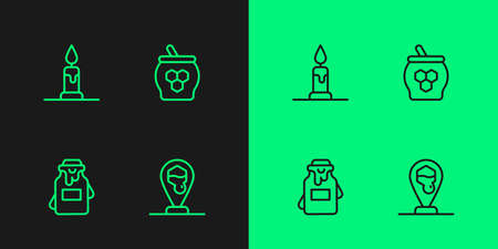 Set line Honeycomb bee location, Jar of honey, Burning candle and dipper stick icon. Vectorのイラスト素材