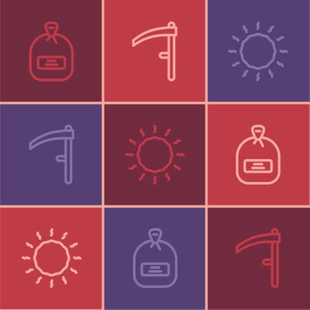 Set line Pack full of seeds, Sun and Scythe icon. Vectorのイラスト素材