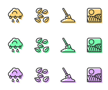 Set line Shovel in the ground, Cloud with rain, Seeds of specific plant and Agriculture wheat field farm icon. Vectorのイラスト素材