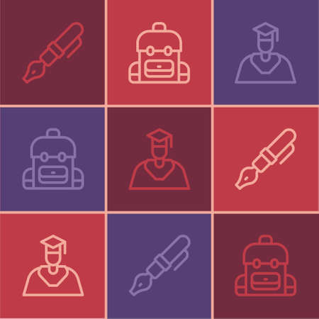 Set line Fountain pen nib, Graduate and graduation cap and School backpack icon. Vectorのイラスト素材