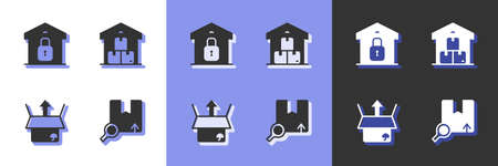 Set Search package, Closed warehouse, Unboxing and Full icon. Vectorのイラスト素材