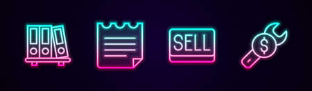 Set line Office folders, Notebook, Sell button and Repair price. Glowing neon icon. Vectorのイラスト素材