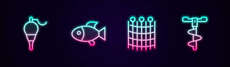 Set line Fishing float, net pattern and Hand ice drill. Glowing neon icon. Vectorのイラスト素材