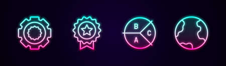 Set line Gear, Medal with star, Pie chart infographic and Earth globe. Glowing neon icon. Vectorのイラスト素材