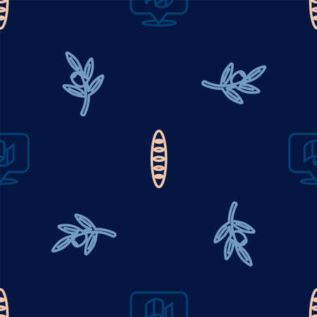 Set line Flag Italy, Olives branch and French baguette bread on seamless pattern. Vectorのイラスト素材