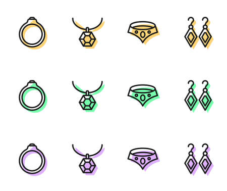 Set line Necklace, Diamond engagement ring, Pendant necklace and Earrings icon. Vectorのイラスト素材