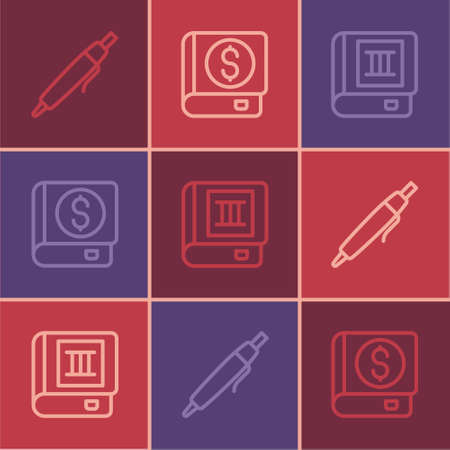 Set line Pen, Book and Financial book icon. Vectorのイラスト素材