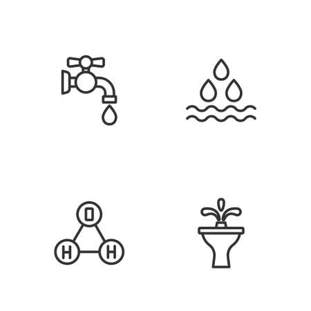 Set line Fountain, Chemical formula water H2O, Water tap and drop icon. Vectorのイラスト素材