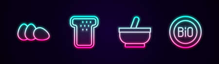Set line Chicken egg, Bread toast, Mortar and pestle and Banner for bio. Glowing neon icon. Vectorのイラスト素材