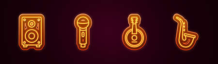 Set line Stereo speaker, Microphone, Banjo and Saxophone. Glowing neon icon. Vectorのイラスト素材
