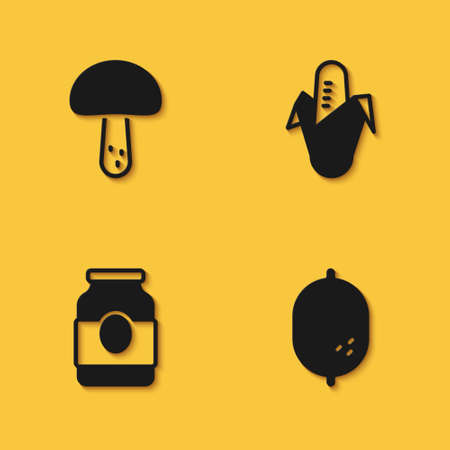 Set Mushroom, Lemon, Jam jar and Corn icon with long shadow. Vectorのイラスト素材
