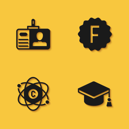 Set Identification badge, Graduation cap, Atom and Exam paper with incorrect answers icon with long shadow. Vectorのイラスト素材