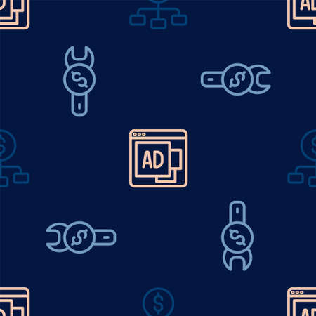 Set line Hierarchy with dollar, Repair price and Advertising on seamless pattern. Vectorのイラスト素材