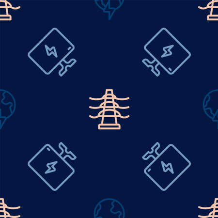 Set line Global planet with thunderbolt, Smart Tv and Electric tower line on seamless pattern. Vectorのイラスト素材