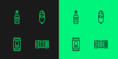 Set line Accordion, Beer can, bottle and Salami sausage icon. Vectorのイラスト素材