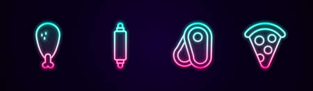 Set line Chicken leg, Rolling pin, Steak meat and Slice of pizza. Glowing neon icon. Vectorのイラスト素材