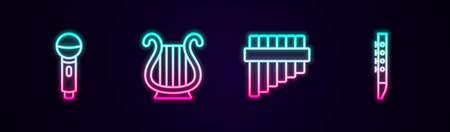 Set line Microphone, Ancient Greek lyre, Pan flute and Flute. Glowing neon icon. Vectorのイラスト素材