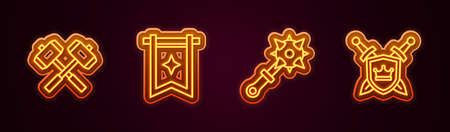 Set line Crossed battle hammers, Medieval flag, Mace with spikes and Shield swords. Glowing neon icon. Vectorのイラスト素材