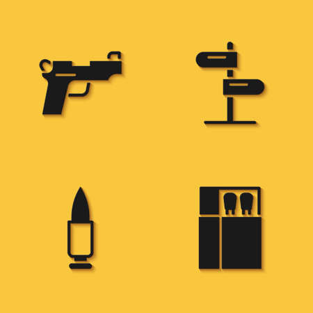 Set Pistol or gun, Open matchbox and matches, Bullet and Road traffic sign icon with long shadow. Vectorのイラスト素材
