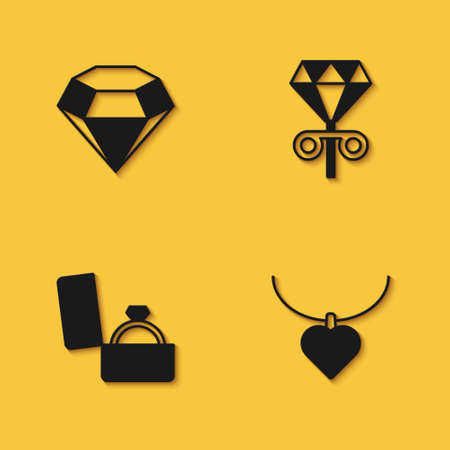 Set Diamond, Necklace with heart shaped, engagement ring in box and Stud earrings icon with long shadow. Vectorのイラスト素材