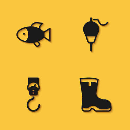 Set Fish, Fishing boots, Spring scale and float icon with long shadow. Vectorのイラスト素材