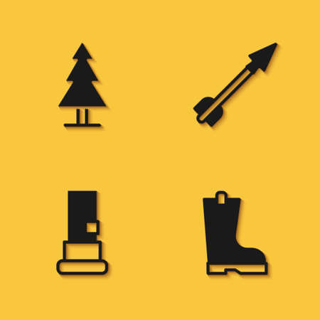 Set Tree, Waterproof rubber boot, Cartridges and Medieval arrow icon with long shadow. Vectorのイラスト素材