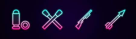 Set line Bullet, Burning match with fire, Hunting gun and Medieval arrow. Glowing neon icon. Vectorのイラスト素材