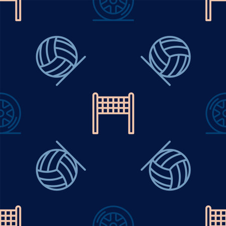 Set line Car wheel, Volleyball ball and net on seamless pattern. Vectorのイラスト素材