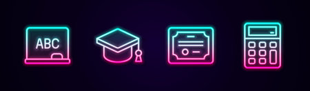 Set line Chalkboard, Graduation cap, Certificate template and Calculator. Glowing neon icon. Vectorのイラスト素材