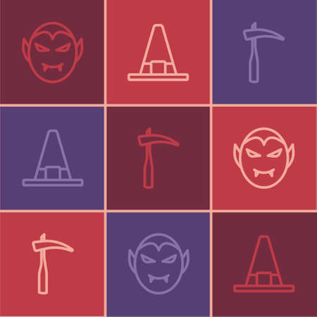 Set line Vampire, Scythe and Witch hat icon. Vectorのイラスト素材