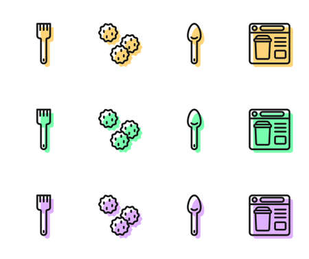 Set line Spoon, Fork, Cookie biscuit and Online ordering food icon. Vectorのイラスト素材