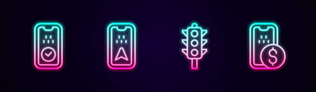 Set line Taxi mobile app, Infographic of city map, Traffic light and Mobile banking. Glowing neon icon. Vectorのイラスト素材