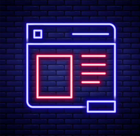 Glowing neon line Browser window icon isolated on brick wall background. Colorful outline concept. Vectorのイラスト素材