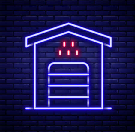 Glowing neon line Garage for taxi car icon isolated on brick wall background. Colorful outline concept. Vectorのイラスト素材