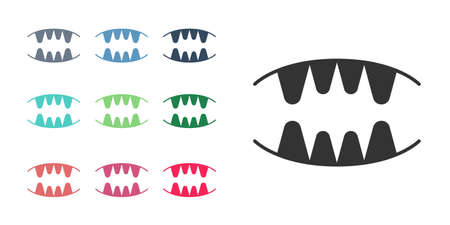 Black Vampire teeth icon isolated on white background. Happy Halloween party. Set icons colorful....