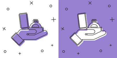 Set Diamond engagement ring in a box icon isolated on white and purple background. Vectorのイラスト素材