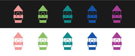 Set Castle tower icon isolated on black and white background. Fortress sign. Vectorのイラスト素材