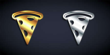 Gold and silver Slice of pizza icon isolated on black background. Fast food menu. Long shadow style. Vectorのイラスト素材