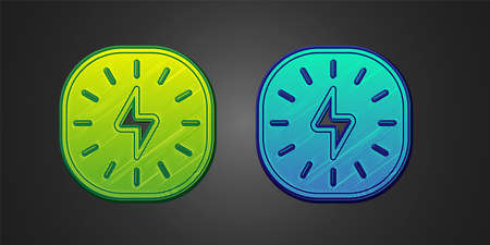 Green and blue Lightning bolt icon isolated on black background. Flash sign. Charge flash icon. Thunder bolt. Lighting strike. Vectorのイラスト素材