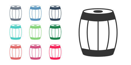 Black Wooden barrel icon isolated on white background. Alcohol barrel, drink container, wooden keg for beer, whiskey, wine. Set icons colorful. Vectorのイラスト素材