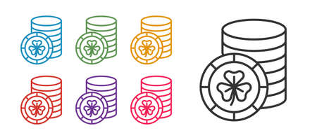 Set line Golden leprechaun coin with clover trefoil leaf icon isolated on white background. Happy Saint Patricks day. National Irish holiday. Set icons colorful. Vectorのイラスト素材