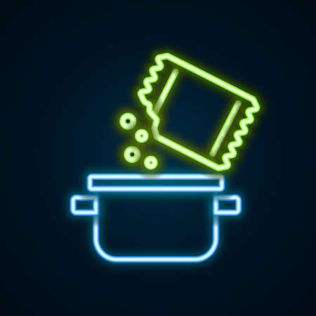 Glowing neon line Cooking pot and spice icon isolated on black background. Boil or stew food symbol. Colorful outline concept. Vectorのイラスト素材